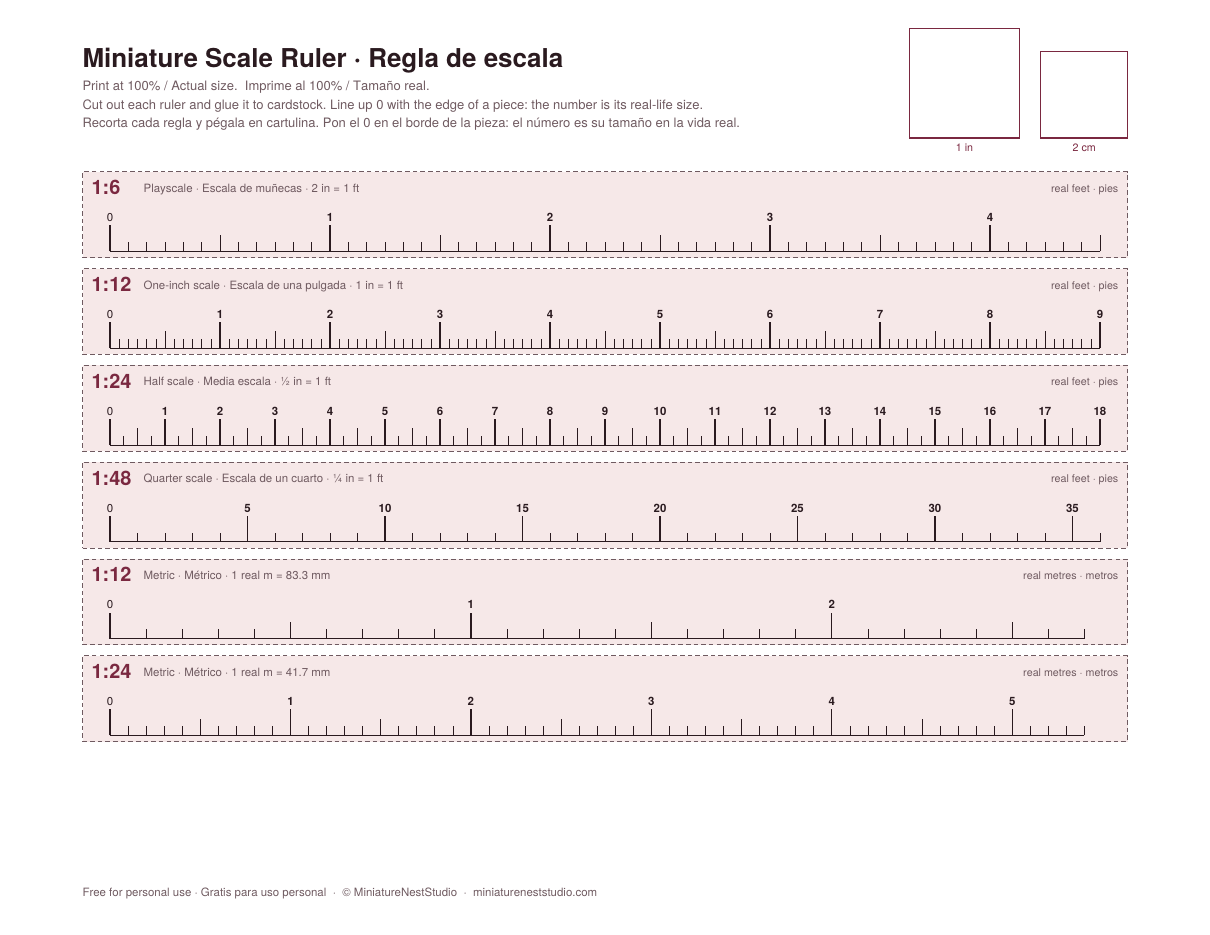 Preview of the printable scale ruler page with six rulers